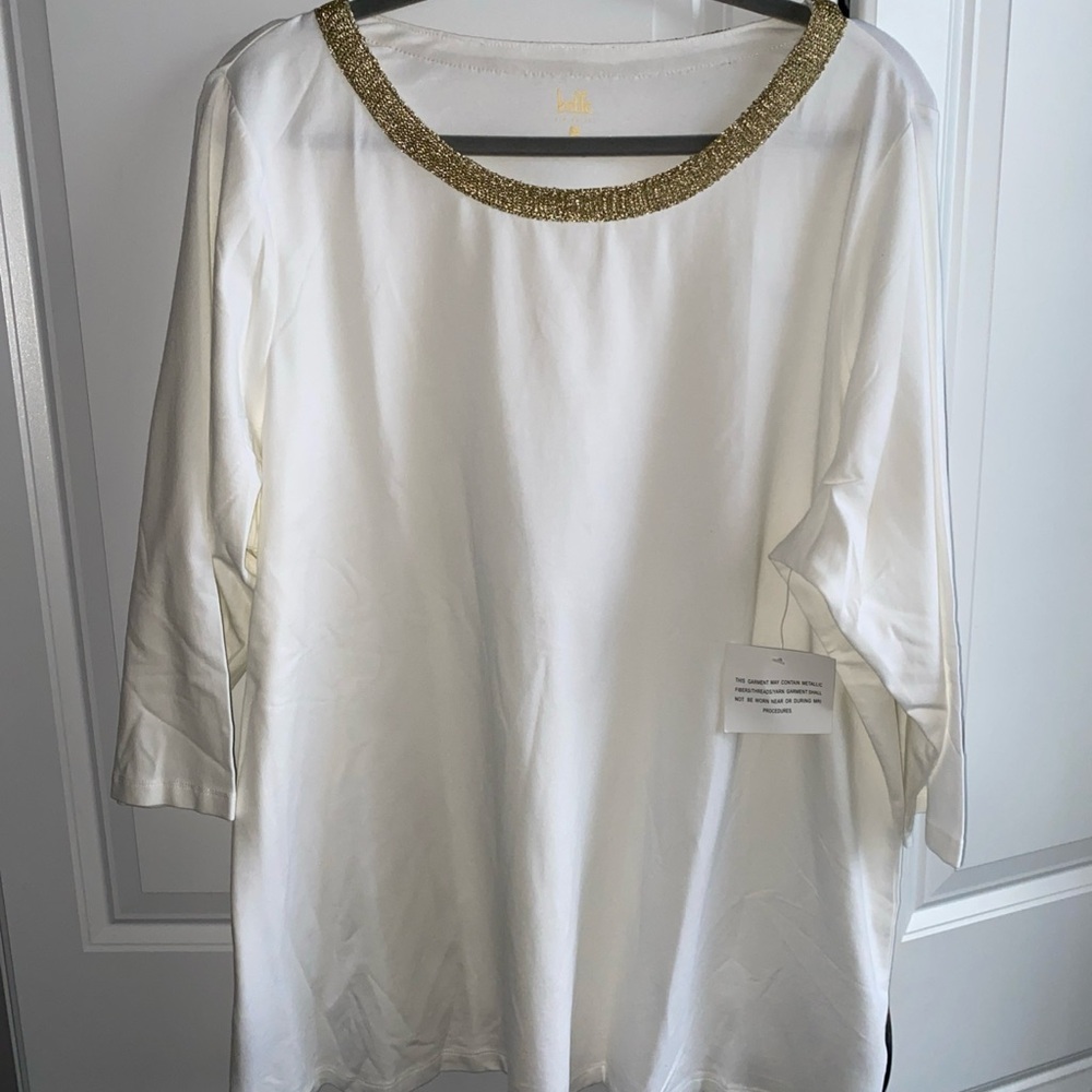 Belle by Kim Gravel Women's Top Plus Sz 2X‎ Holiday Gold Metallic Neckline NWT